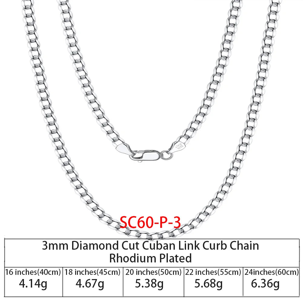 RINNTIN SC36 925 Sterling Silver Chains Hip Hop Jewelry 3.6/5/7mm Chunky Diamond-Cut Cuban Link Chain Necklace for Men Women