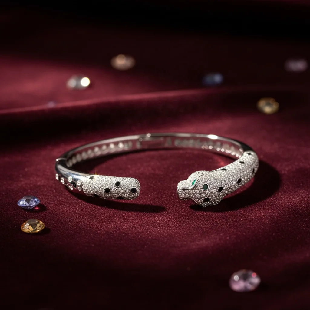 MUSHAN Jewelry Factory Luxury 925 Sterling Silver Leopard Bangle Women Synthetic Gemstones Enamel Animal Bangle Bracelet Jewelry