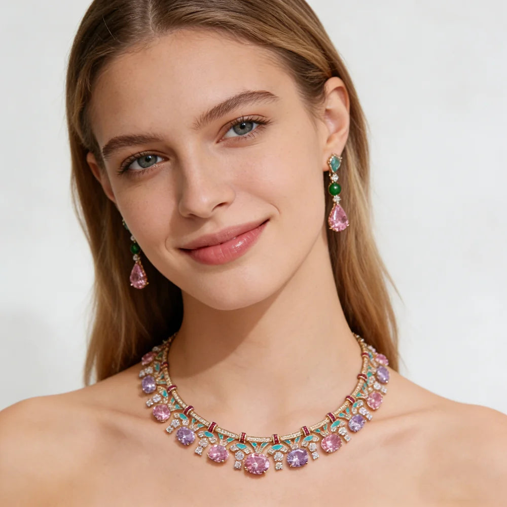 XM S199 Copper Platinum Plated Zircon Enamel Choker Necklace and Drop Earrings Set for Women Wedding Engagement Anniversary