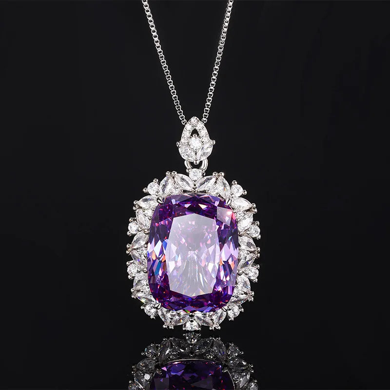 Gemfiori New Versatile Purple Zircon Temperament Pendant Set with Niche Design Ice Flower Princess square Earrings