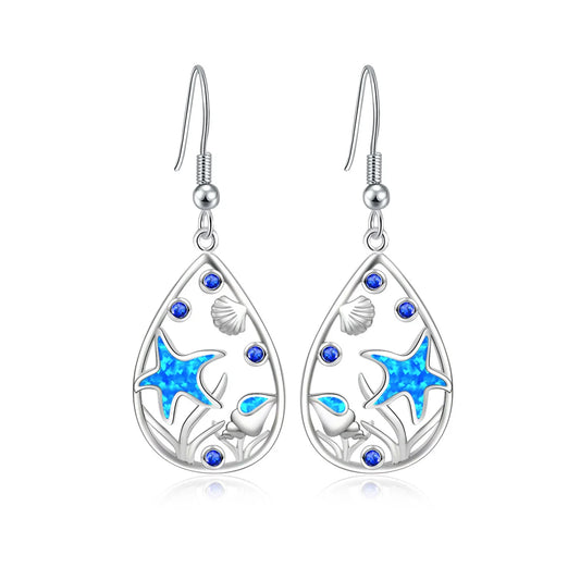 Ocean-Themed Teardrop Opal Drop Earrings - Blue Fire Opal Starfish & Shell Detail | Beach-Chic Daily Jewelry Bulk Gifts