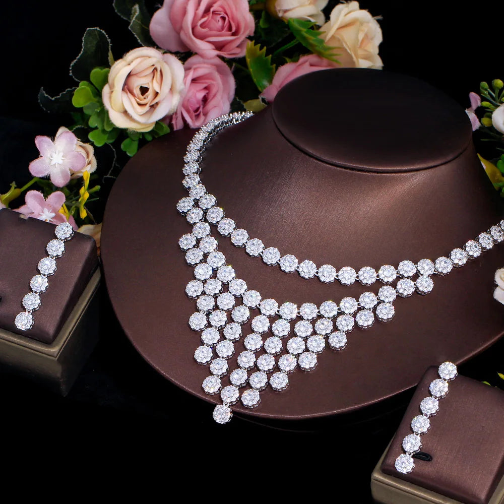 Shiny Round Micro Paved Cubic Zircon CZ Bridal Tennis Necklace and Earring Wedding Luxury Big Jewelry Set for Women Accessories