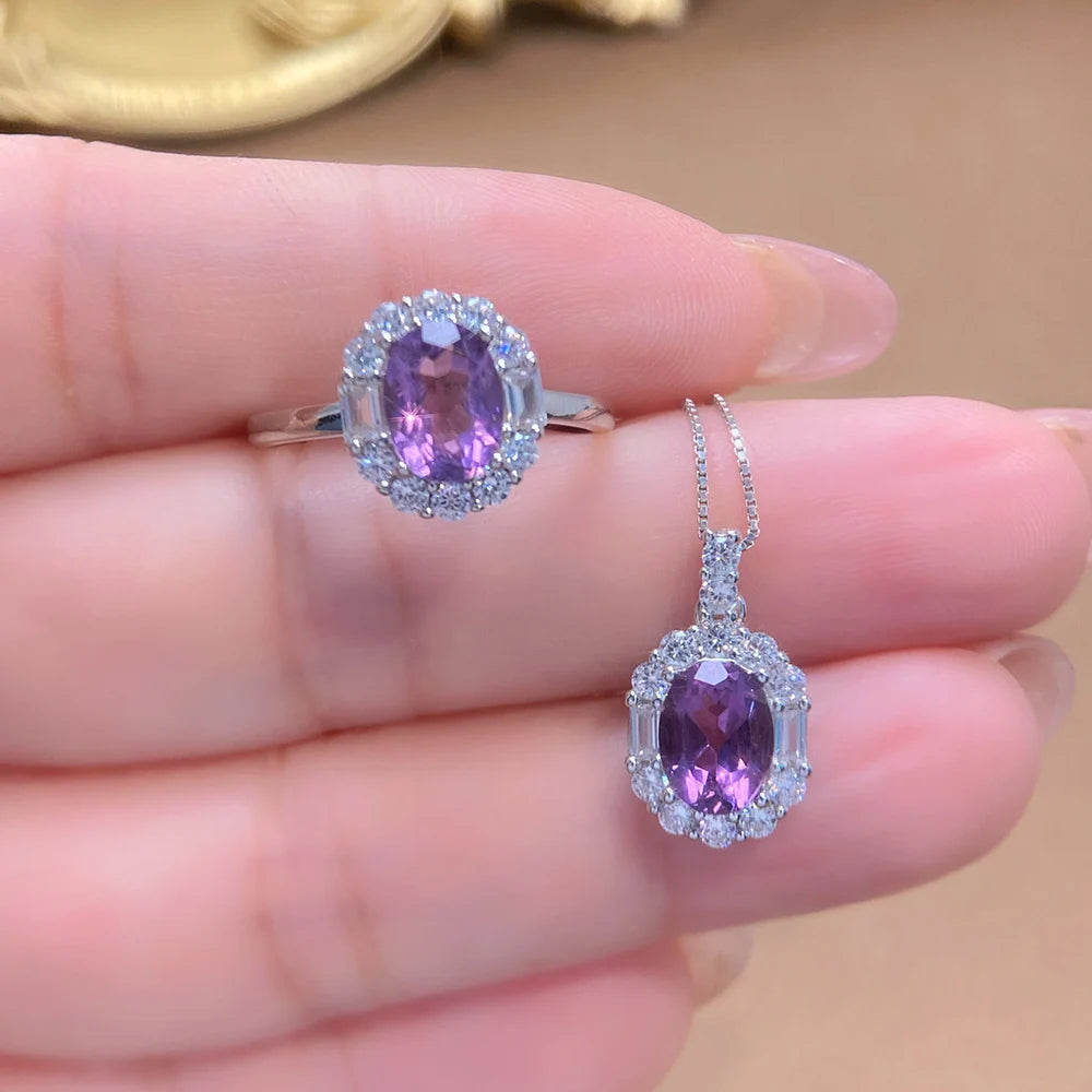 REDheart Natural Amethyst Ring Pendant Jewelry Set Rhodium S925 Silver Luxury Gemstone Fine Jewelry Women Wedding Anniversary Gift