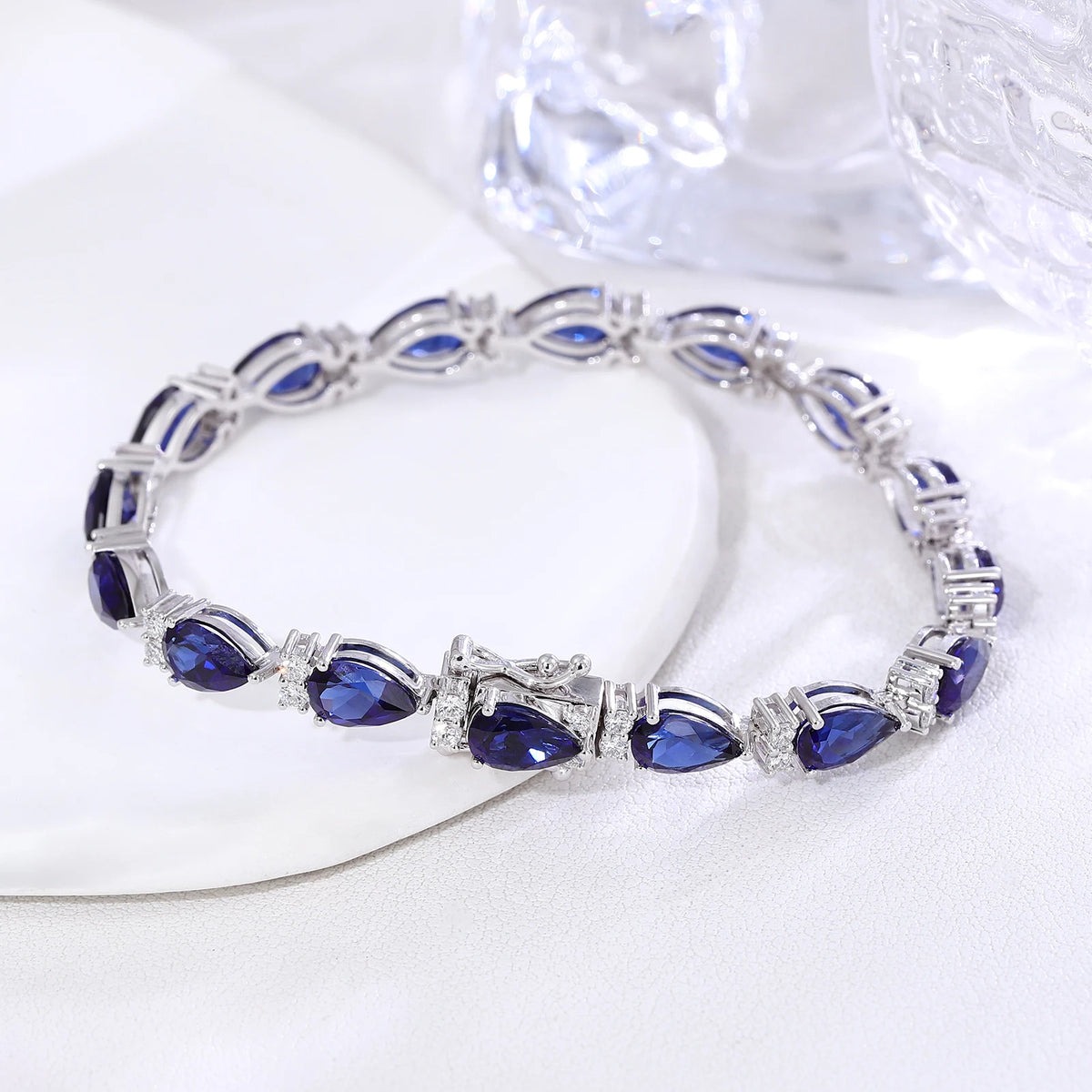 Gemfiori GRC NGTC Certification Large Pear Sapphire Inlaid Luxury Fashion Bracelet Real Solid 18k White Gold Women Christmas Gift Jewelry