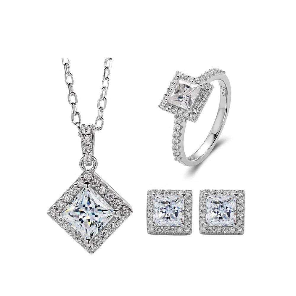 ArtistA HL04T Abiding Dainty Square Princess Cut DEF VVS Moissanite 925 Silver Halo Ring Earrings Pendant Necklace Jewelry Set