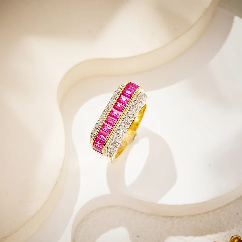 S&S High End Gold-plated Earrings Rings Bracelets Set Paired with square Red Gemstone Fashionable Couple Wedding Matching Jewelry