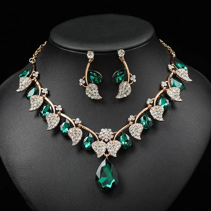 Leaf & Crystal Geometric Necklace & Earrings Jewellery Set | Retro Vintage Fashion Set