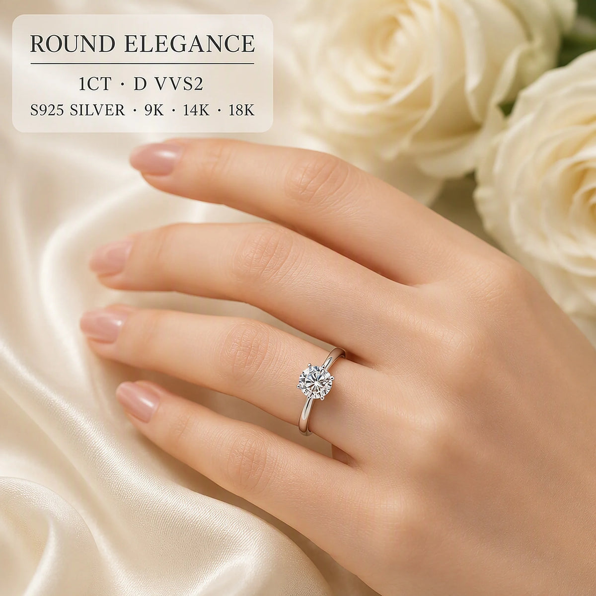 Gemfiori Minimalist 6 Prong Lab Grown Diamond Ring 1CT D VVS1 VVS2 Round Brilliant Cut 9K 10K 14K 18K Gold Sleek Women Daily Wear Ring