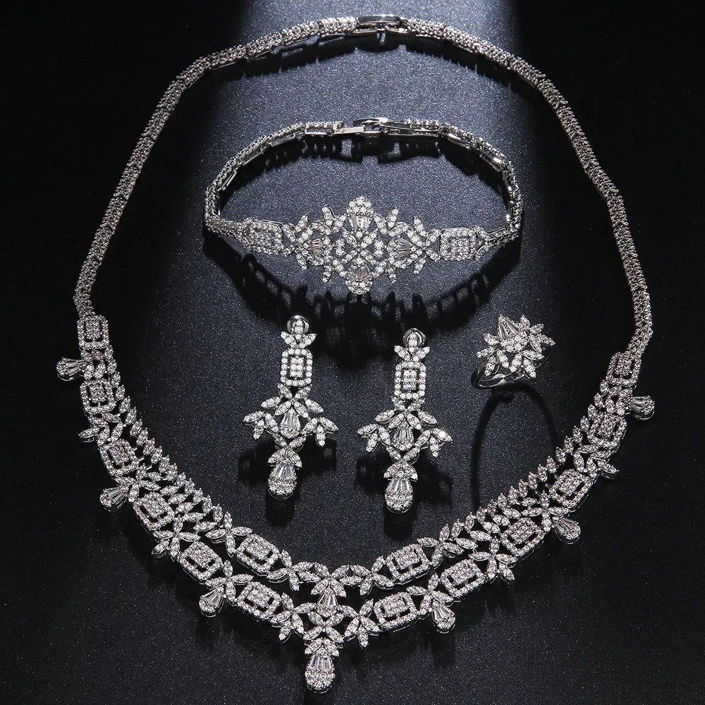 Luxury Full-Paved Round Brilliant Zirconia 4-Piece Nigerian & UAE Dubai Geometric Bridal Set — Rhodium Plated