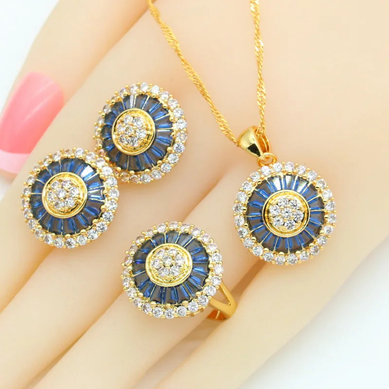 XOTICA New Design Gold Jewelry Set for Women Blue Crystal Stud Earrings Necklace Pendant Ring Bracelet Wedding Gift Box Zircon Main