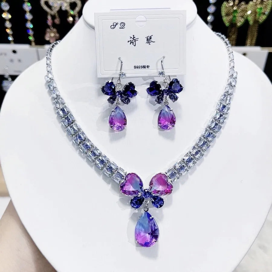 K090 Wholesale Women Trendy Luxurious Zircon Butterfly Bridal Necklace Earrings Set Wedding Elegant Jewelry Set