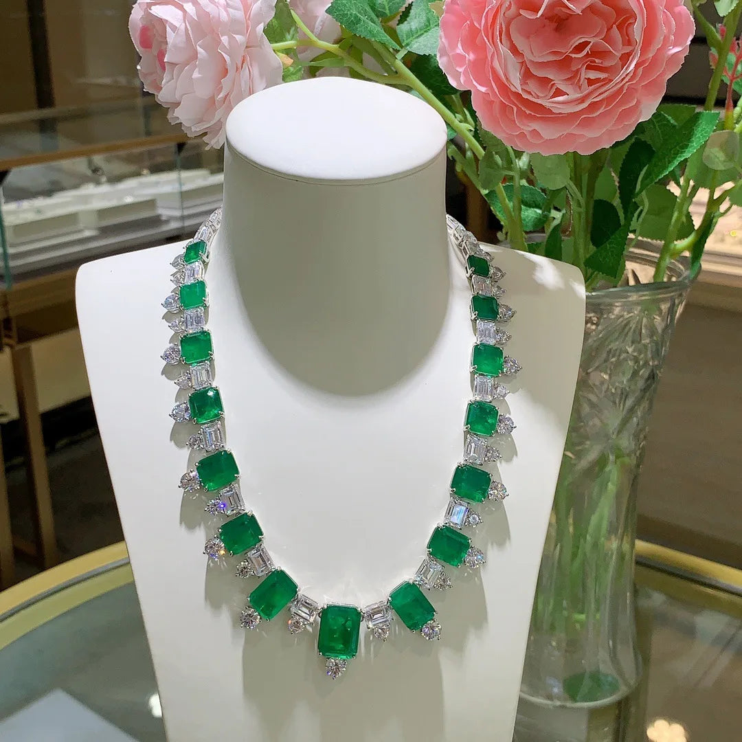 Royal Emerald Cut 925 Sterling Silver Charm Necklace — Luxury Green Zirconia