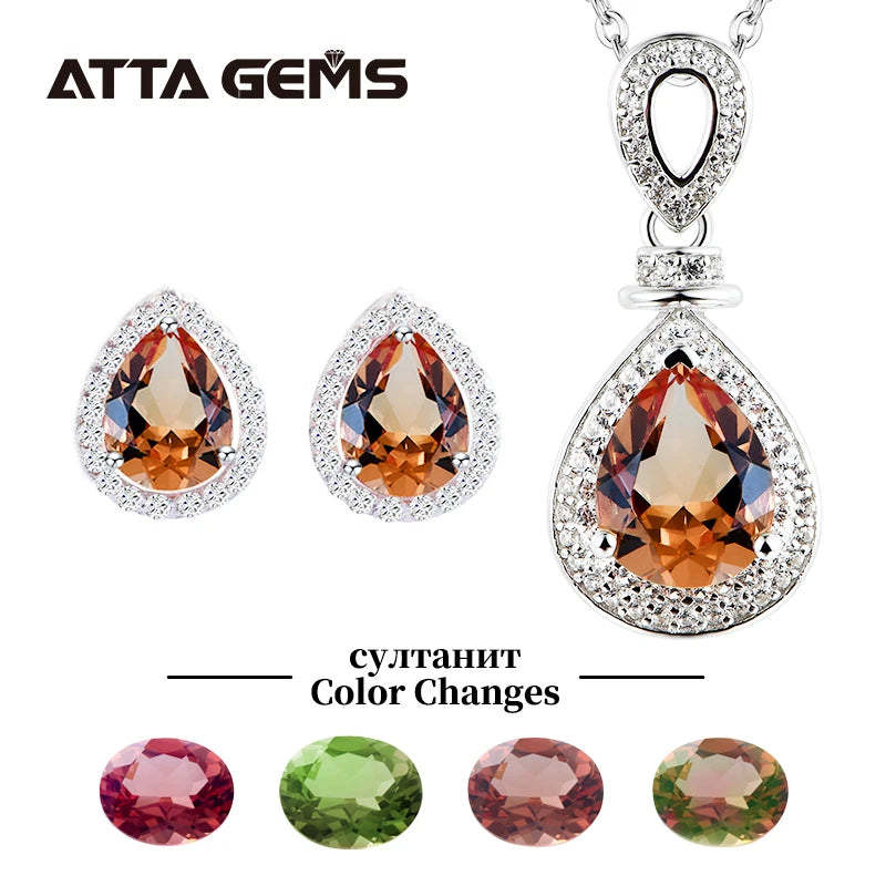 Synthetic Diaspore Zultanite Gemstone Jewelry Sets 925 Sterling Silver Ring Water Drop Earrings Necklace Wedding Gift for Women