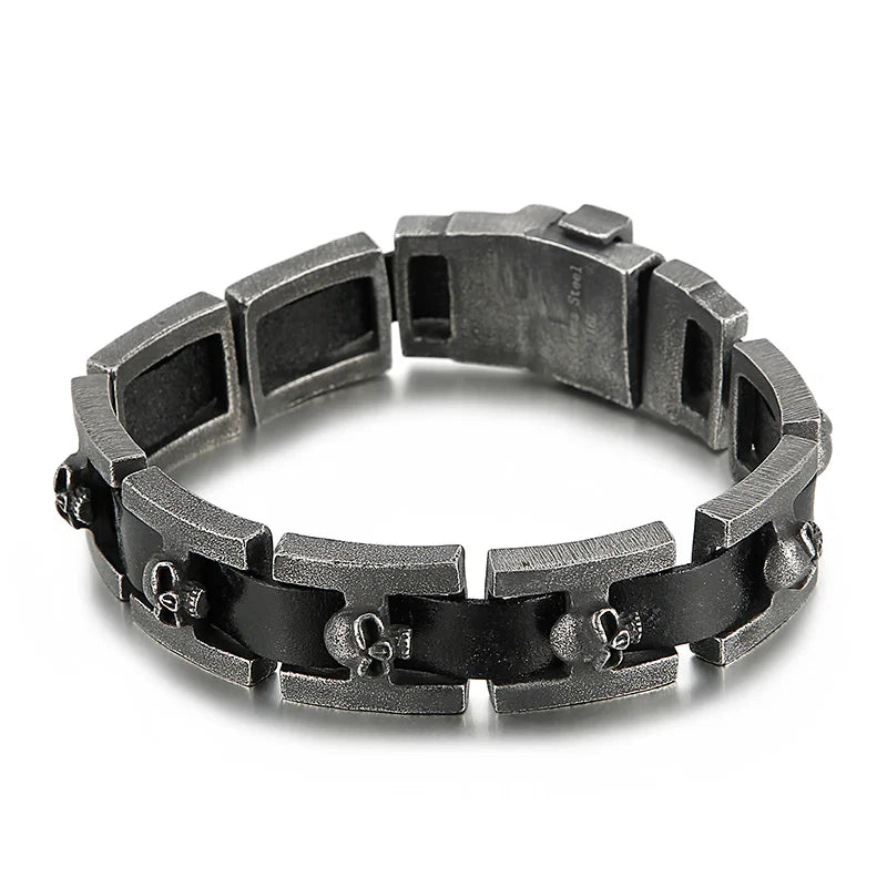 REBEL Punk Fine Jewelry Fashion Bracelets Stainless Steel Leather Skull Charm Links Bracelet