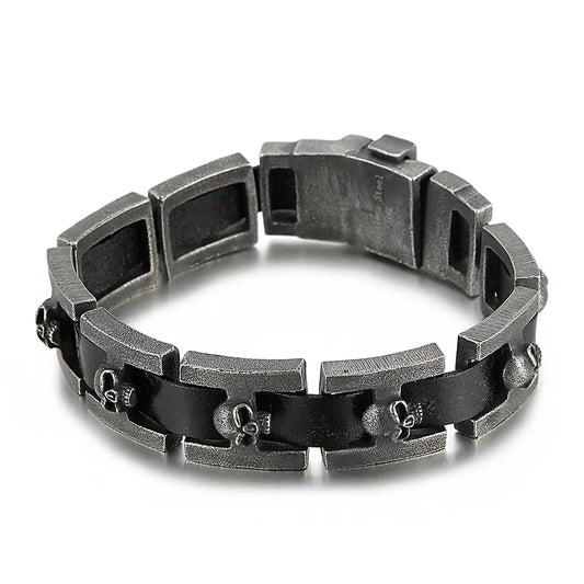 REBEL Punk Fine Jewelry Fashion Bracelets Stainless Steel Leather Skull Charm Links Bracelet