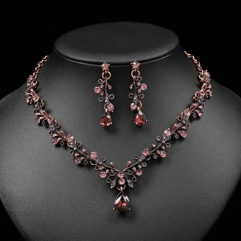 XM S390 Gold Plated Marquise Topaz Leaf & Gem Drop Collarbone Necklace & Earrings Set
