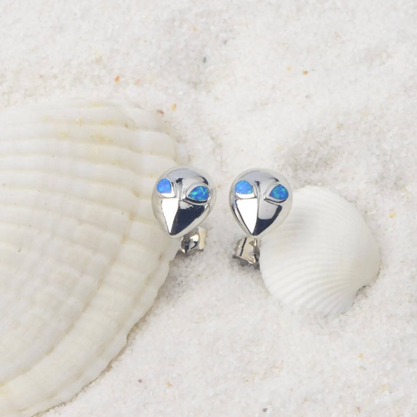 Whimsical Alien Opal Stud Earrings - Blue Fire Opal Eye Detail Design | Playful Daily Jewelry Bulk Gifts