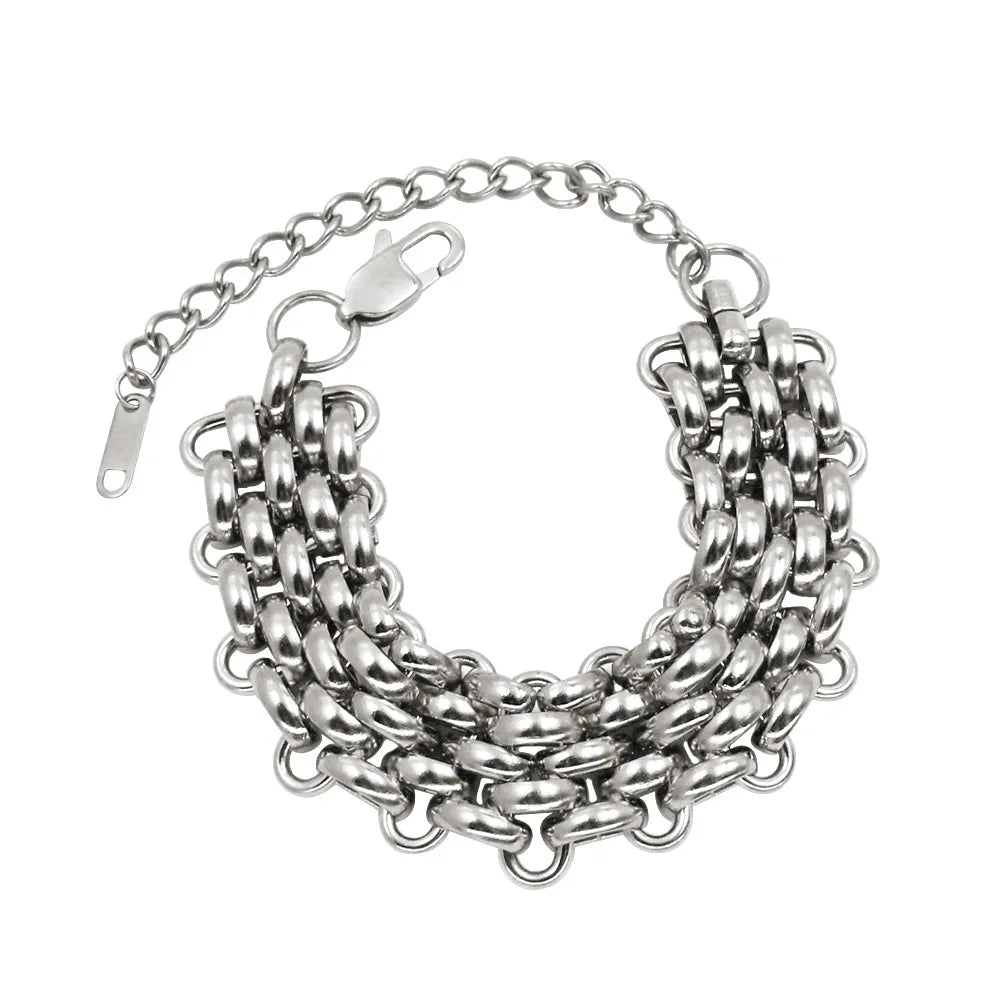 REBEL Hip Hop Fashion Jewelry Sets 18K Gold Stainless Steel Multilayer Woven Wide Chain Necklace and Bracelet Jewelry Sets for Women