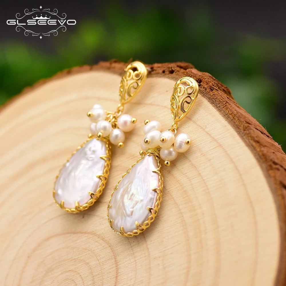 New Yiwu Jewelry Wholesale Natural Baroque Pearl for Women Flower Drop Earrings 18K Gold Plated Fashion Designer Jewelry