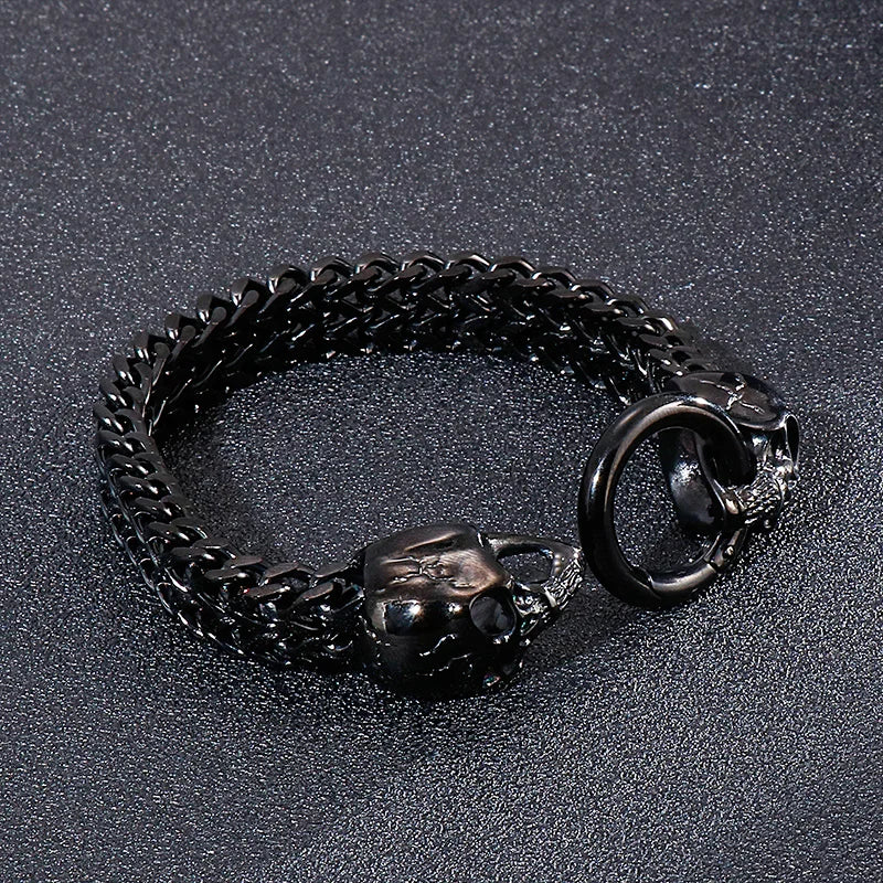 REBEL Punk Fine Jewelry Fashion Bracelets Stainless Steel Skull Charm Herringbone Links Bracelet