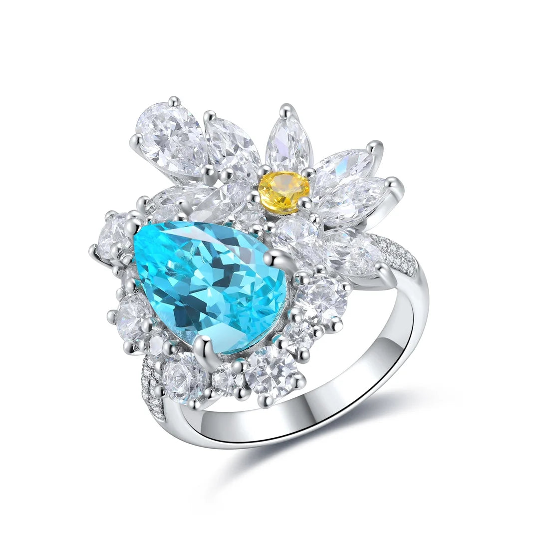 Gemfiori Vintage Lab Grown Paraiba S925 Sterling Silver Engagement Rings for Women Custom Design Wedding & Party Gift