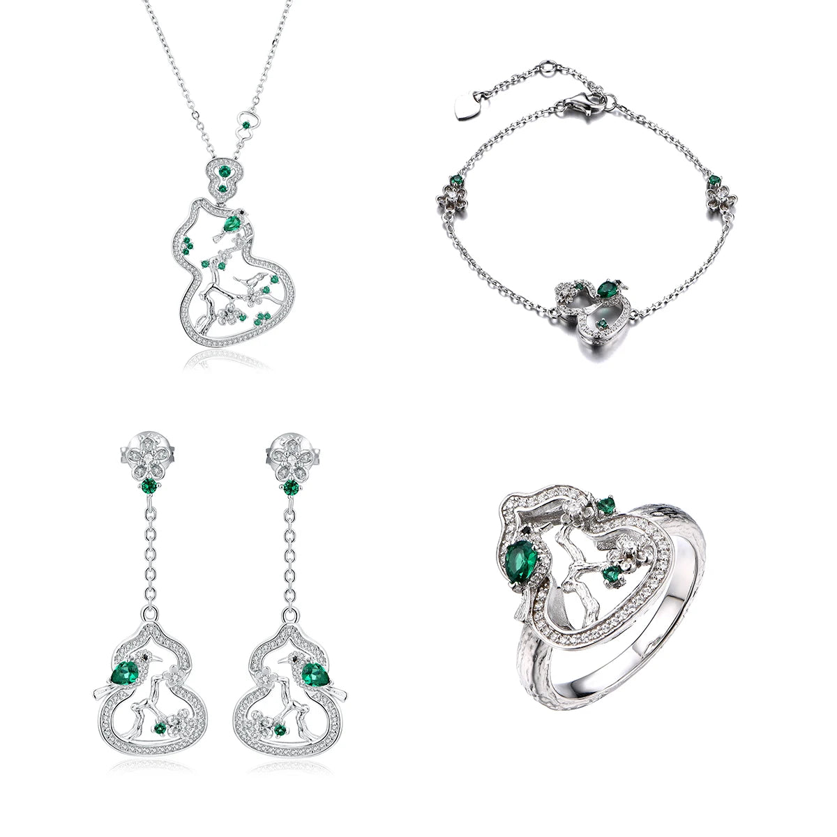 ArtistA Custom Fine Jewelry Set Lab Created Emerald 925 Silver Necklace Earrings Bracelet Rings St.Patrick's Day Gift