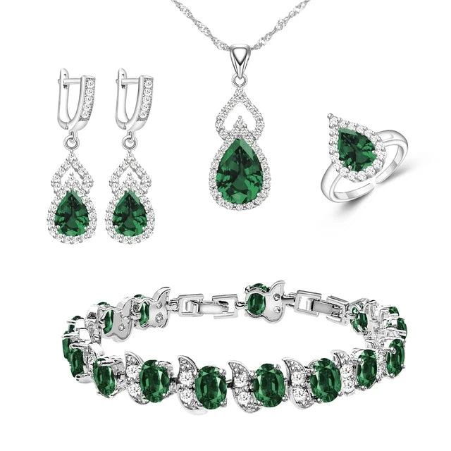 XOTICA Women's Classic Platinum Plated Silver 925 Custom Jewelry Sets Red Zircon Earrings Necklace Ring Bracelets for Engagement