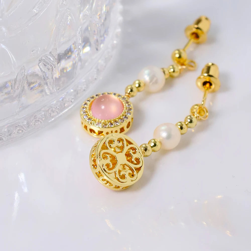 Natural Freshwater Pearl Inlaid Pink Crystal Gold Bead Earrings Korean Style Women Luxury Jewelry Fashion Ladies Gift GE1548