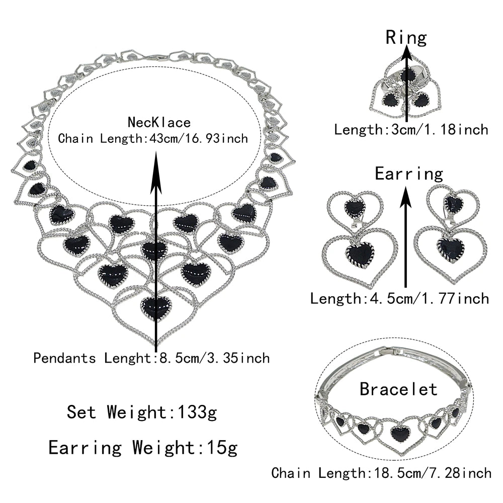 Zhuerrui Romantic Heart Design Jewelry Set Black Stone Crystal Inlaid White Gold Necklace Set for Wedding Banquet I005520-2