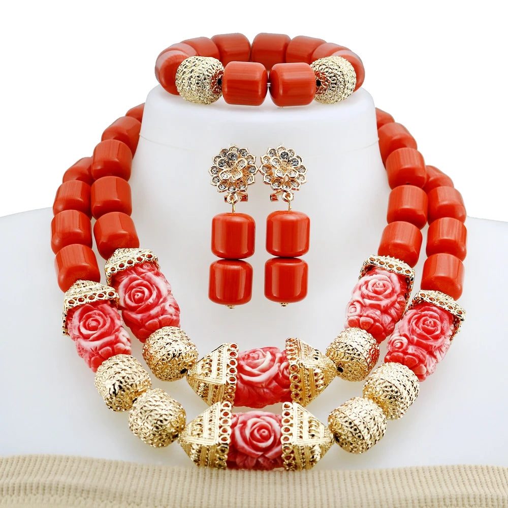 Zhuerrui Luxury Red Rose Carved Beaded Jewelry Set Nigerian Bridal Coral Necklace Earrings Set for Wedding Party YL1016
