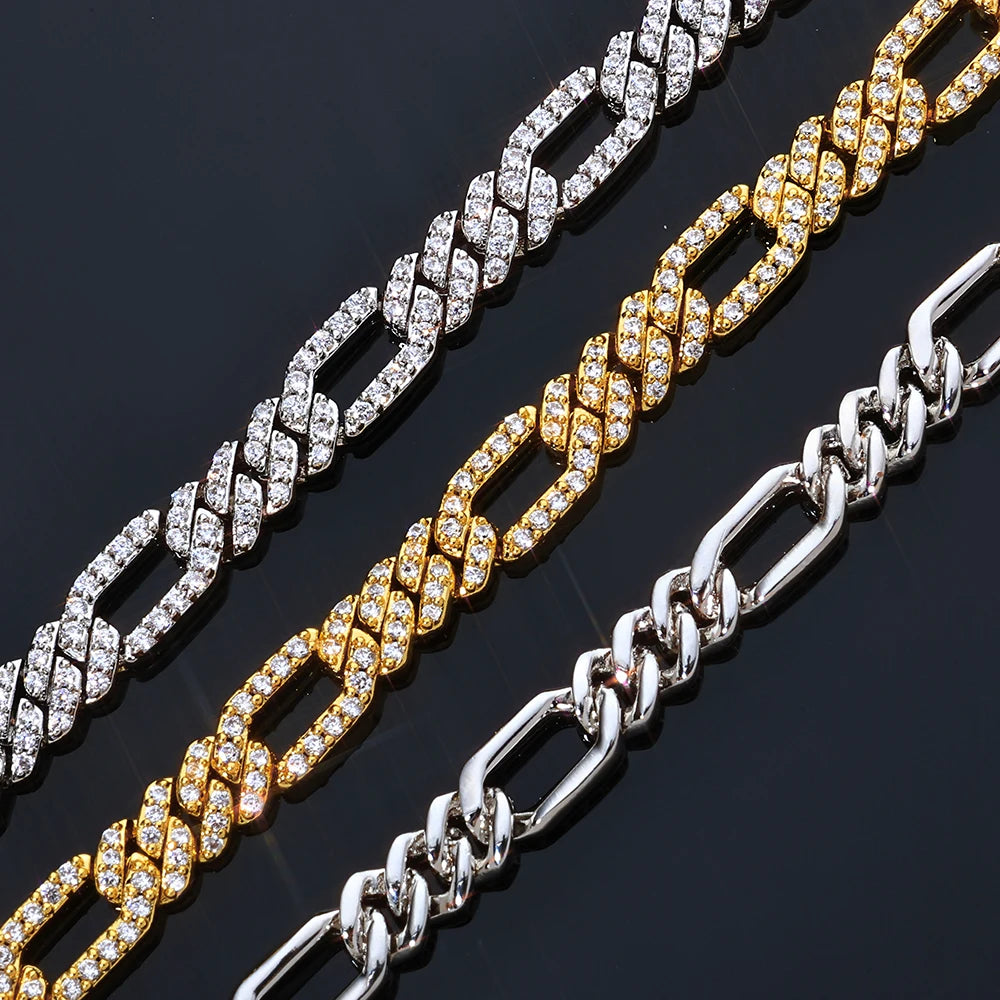 BiG-BOSS NUOYA New Arrival 7mm Figaro Chain Bracelet Iced Out CZ Stones Cuban Link Design Hip Hop Jewelry