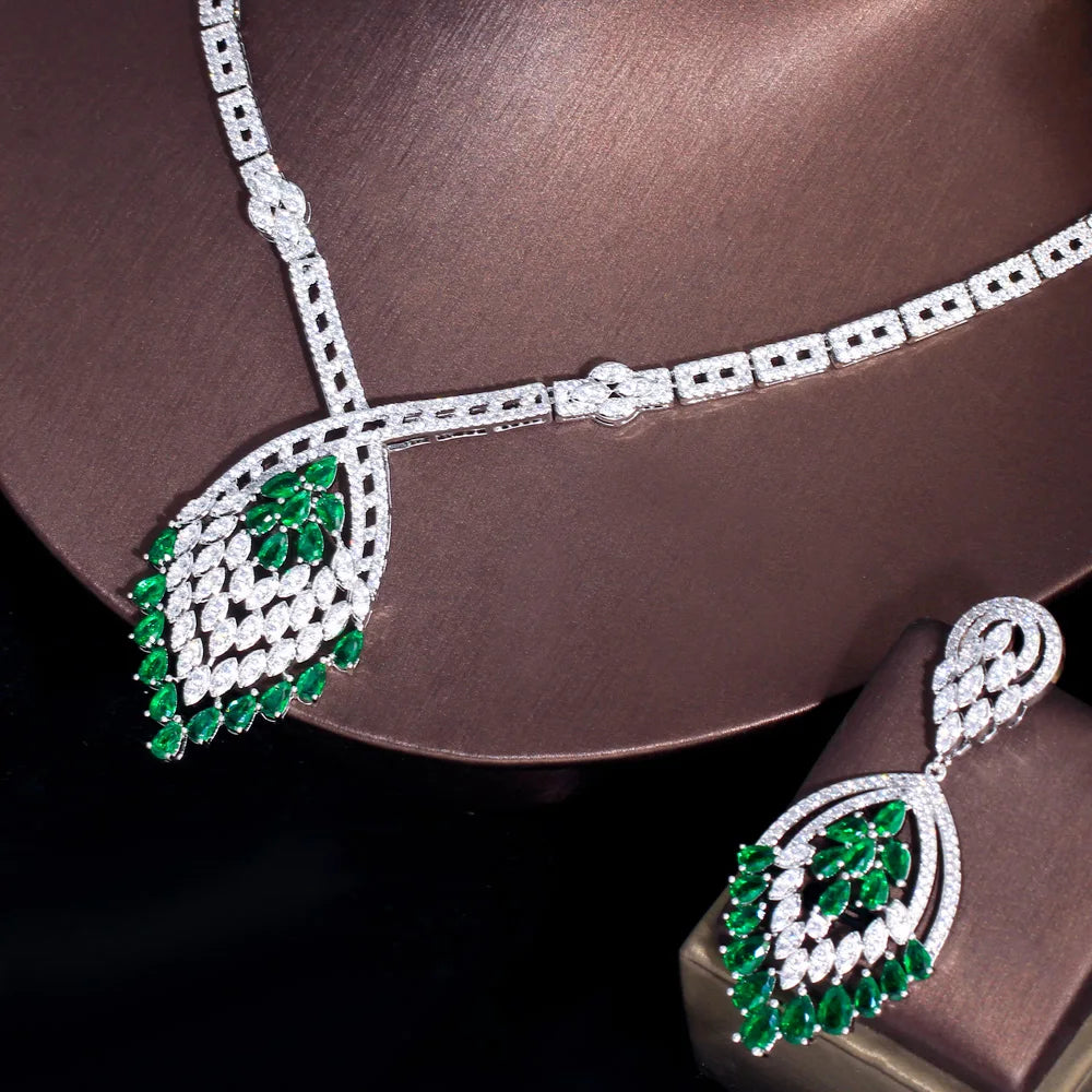 Big Chunky Dangle Drop Green Cubic Zirconia Fringed Chandelier Bridal Wedding Dubai Earring Necklace Jewelry Set
