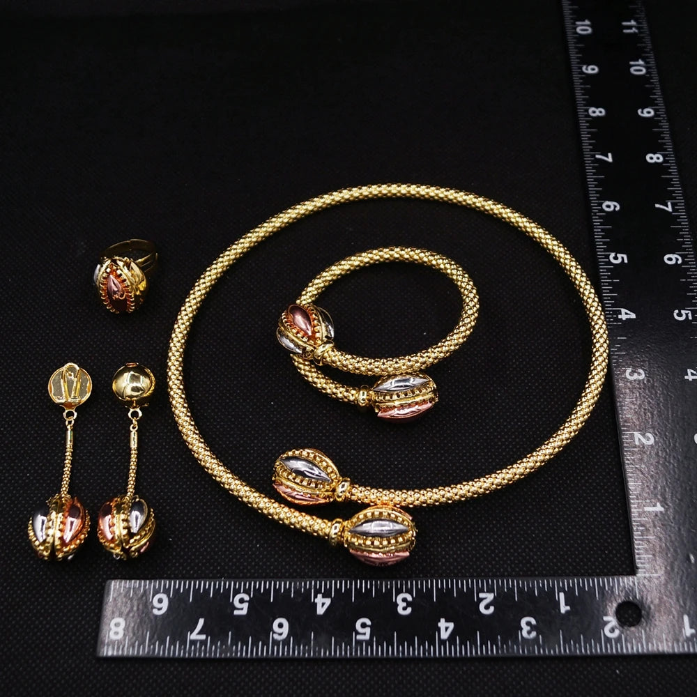 Zhuerrui Braided Gold Plated 4Pcs Jewelry Set Necklace Bangle Earrings Ring With Two Tone Inlaid Stone for Wedding Party HS26008