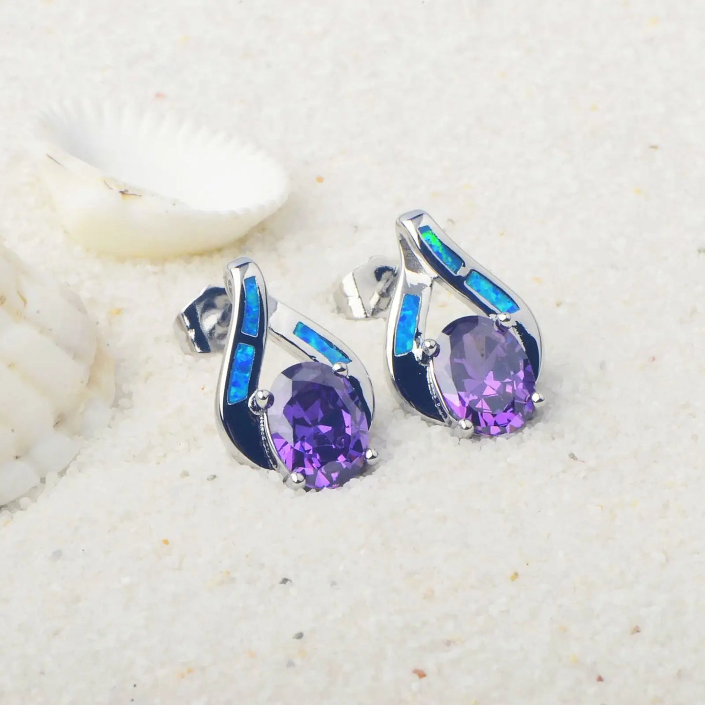 Aobao TikTok Viral Blue Opal Water Drop Earrings | Purple Crystal Accent Silver Plated Women's Engagement Jewelry-Trendy Bulk