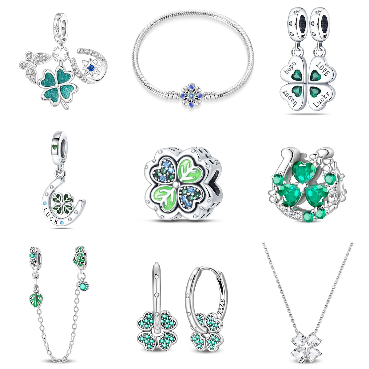 S&S Four Leaf Clover Zircon & Enamel 925 Silver Jewellery | Rings, Earrings, Bracelet & Pendant | S&S Collection