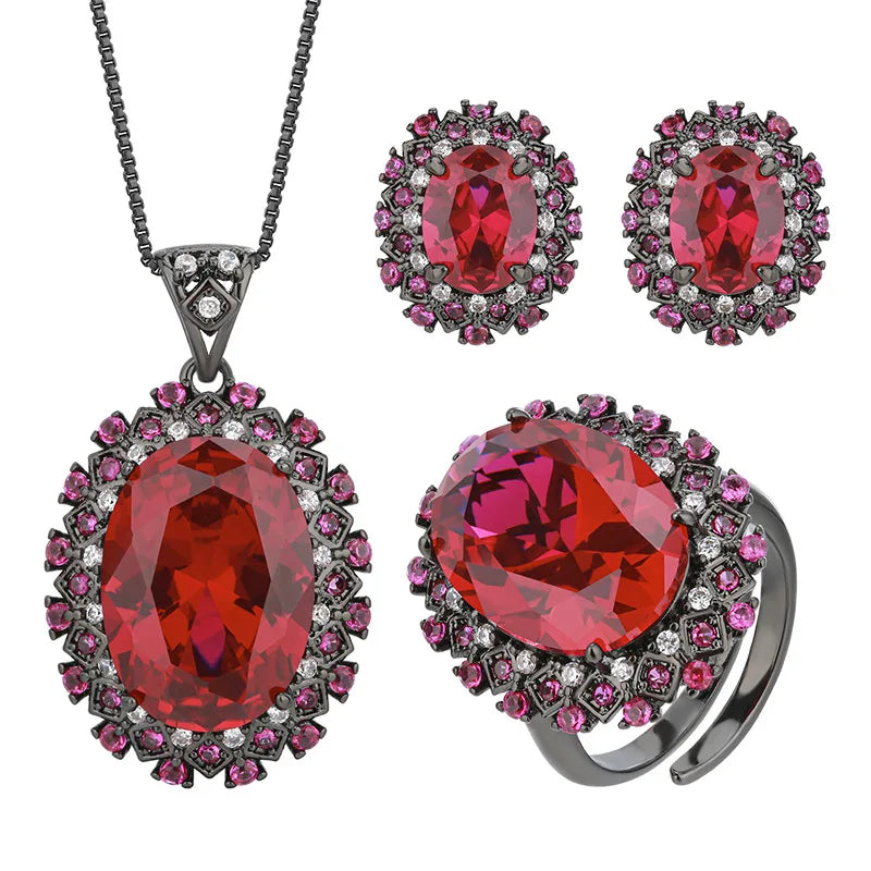 Gemfiori 2025 New Hot Selling Jewelry Red Egg Shaped Zircon Charm Retro Three Piece Set