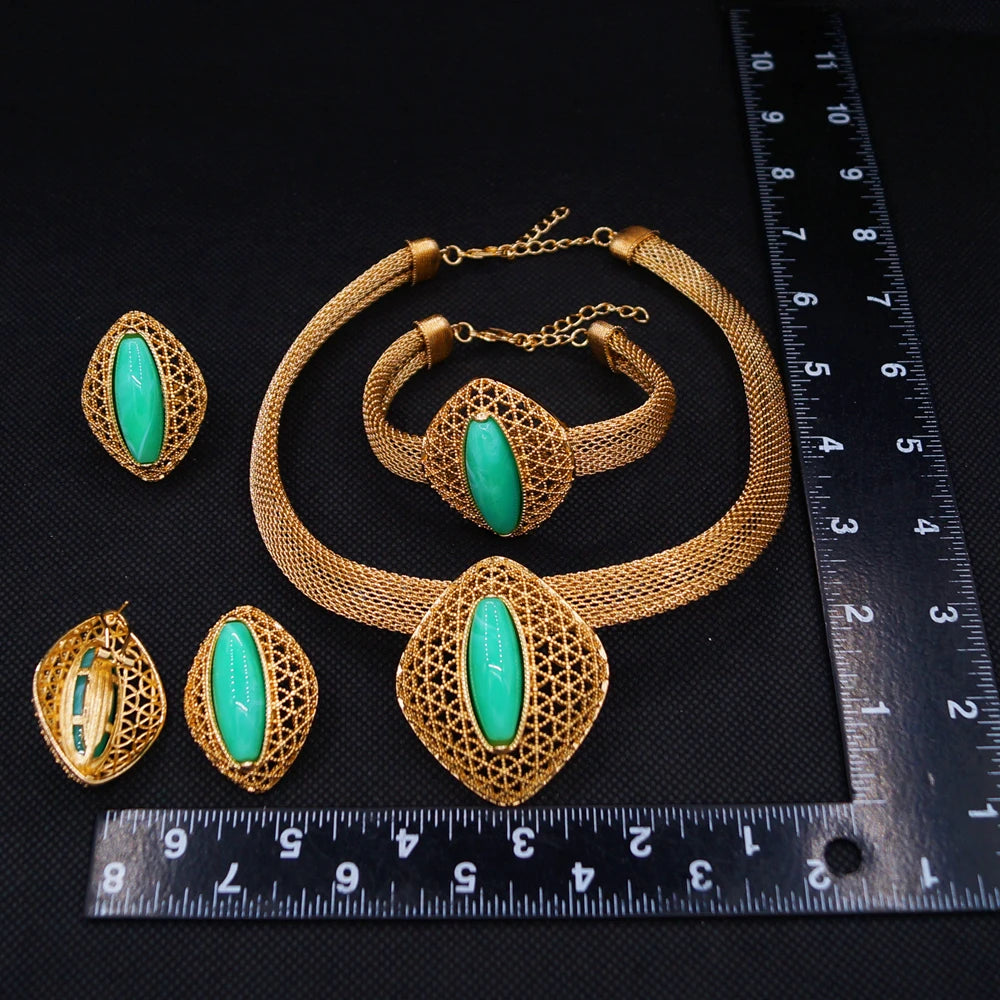 Zhuerrui Gold Plated Jewelry Set for Fashion Women Green Crystal Pendant Necklace Party Wedding Luxury Accessories HC25003