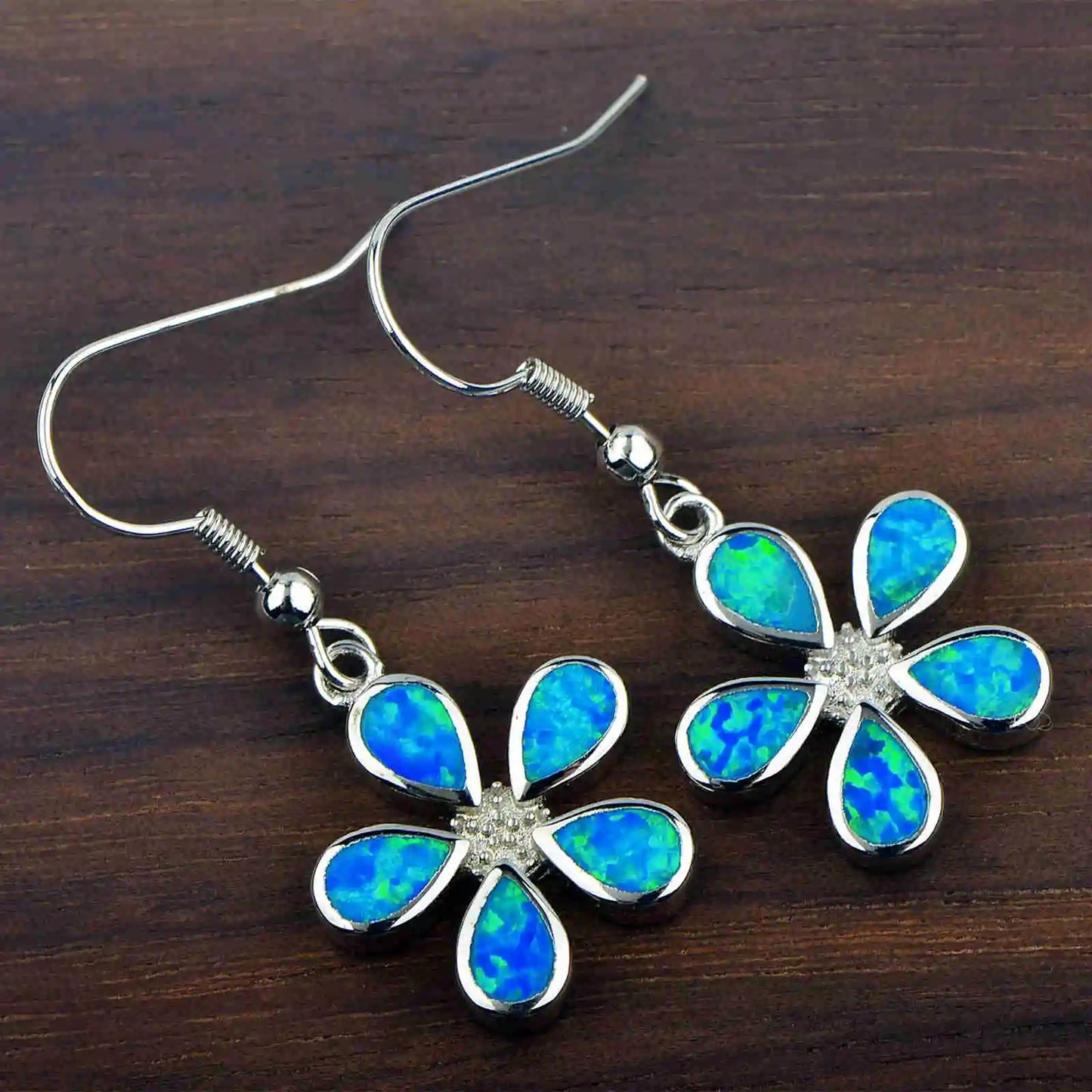 Dual-Tone Flower Opal Drop Earrings - Blue Fire Opal Petals & Gold-Accent Center Design | Whimsical Daily Jewelry Bulk Gifts