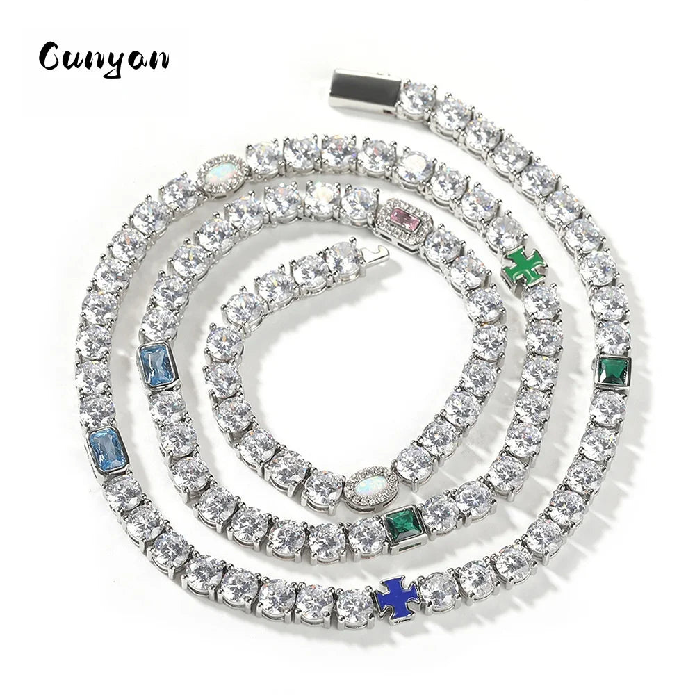 Bling Jewelry Hip-Hop Necklace Full Zircon Chain Opal Cross Charm Luxury Tennis Necklace