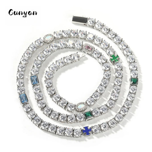 REBEL Bling Jewelry Hip-Hop Necklace Full Zircon Chain Opal Cross Charm Luxury Tennis Necklace