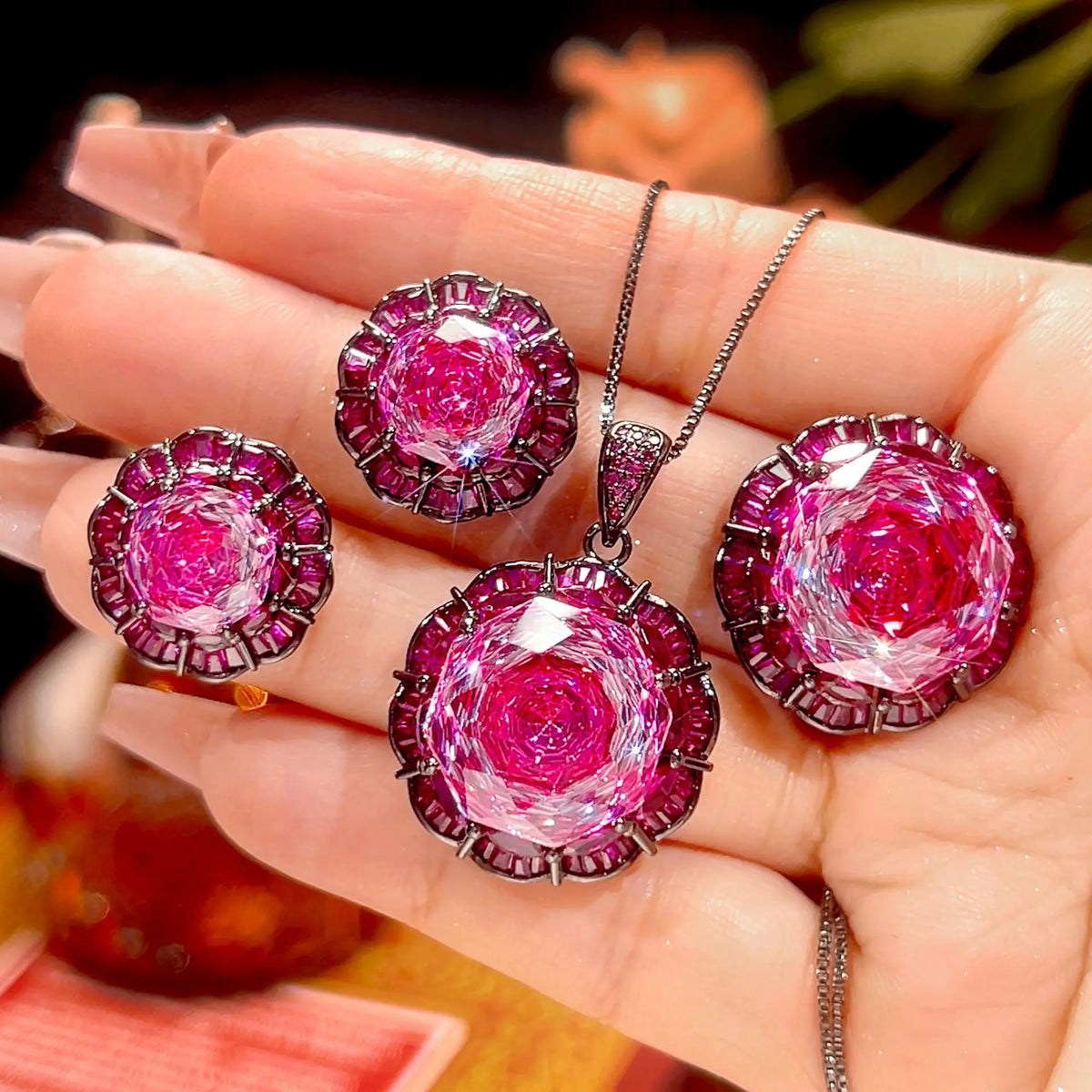 REDheart Copper Inlaid Pearl 18K Gold Plated Trendy Flower Design Ring Pendant Necklace Set Rose Cut Fashion Costume Jewelry for Women's