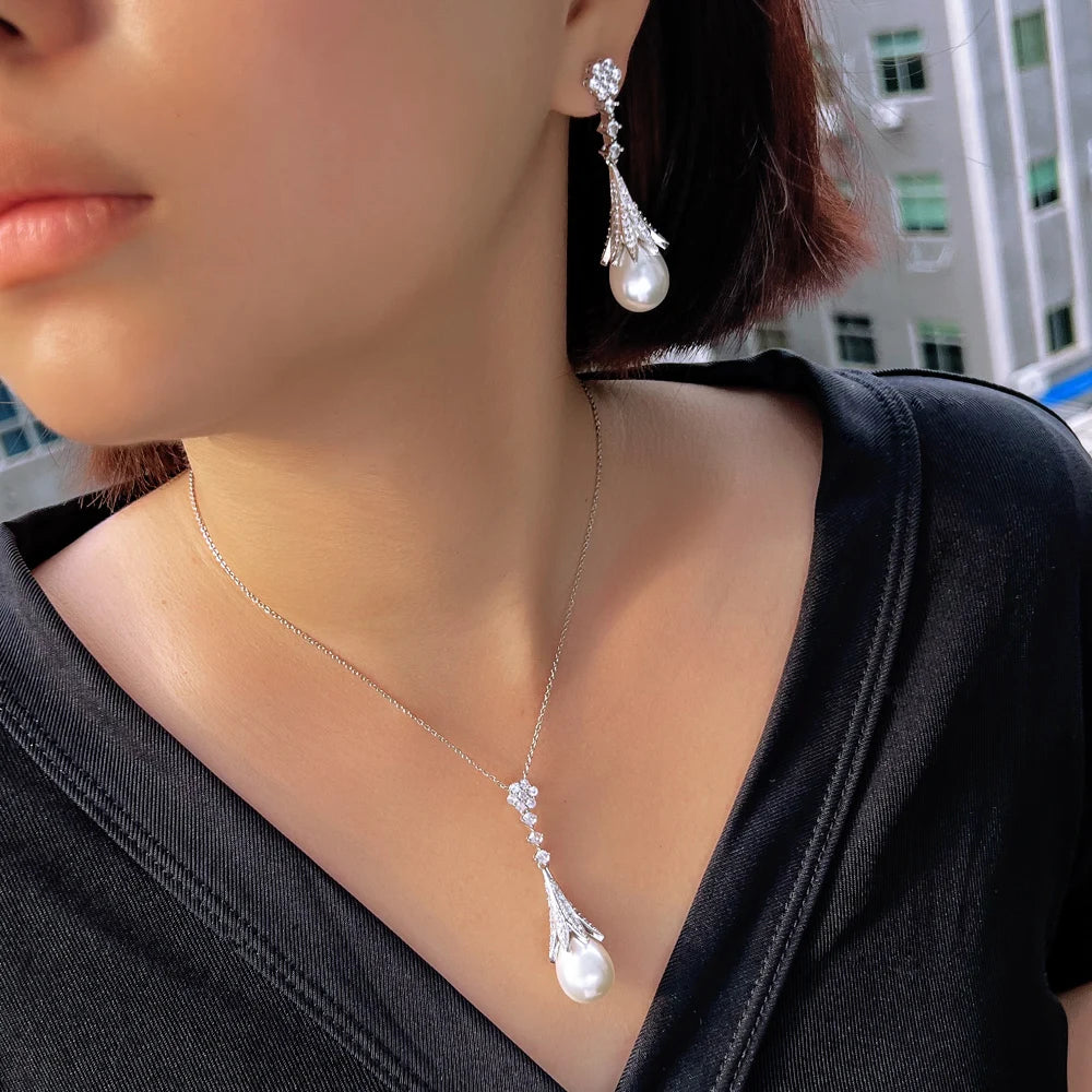 Exquisite Shiny Cubic Zircon Simulated Pearl Pendant Necklace and Earrings Bridal Wedding Party Pearls Jewelry Set for Women
