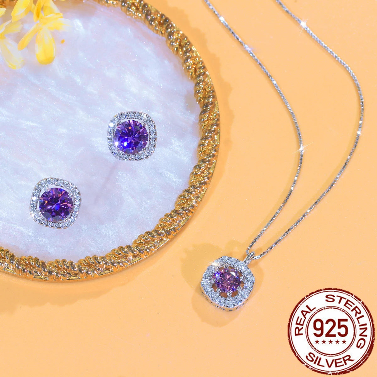 925 Sterling Silver Jewelry Set Square Purple Round Cubic Zirconia Pendant Necklace Stud Earrings Jewelry Set for Brides Wedding