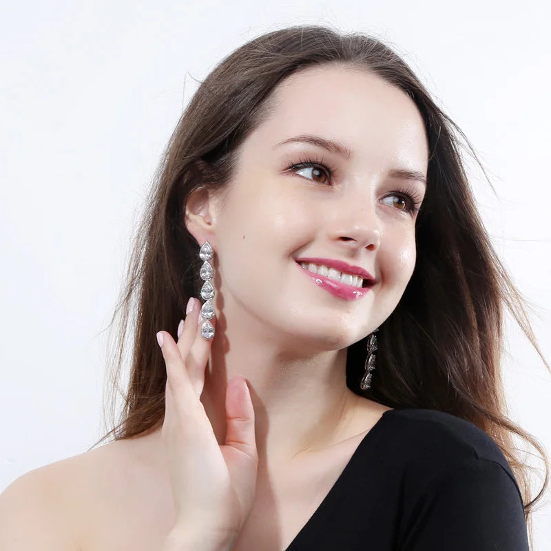 S&S White CZ Teardrop Extra-Long Dangle Earrings – Pear Cut – Rhodium Silver Plated – Collection