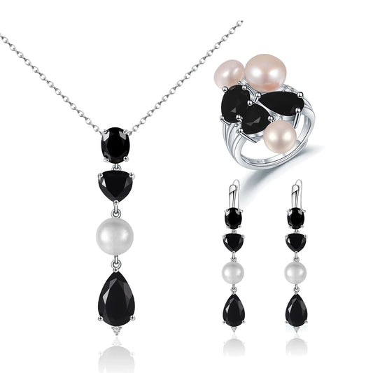 ArtistA Black Freshwater Pearl Jewellery Set in 925 Sterling Silver