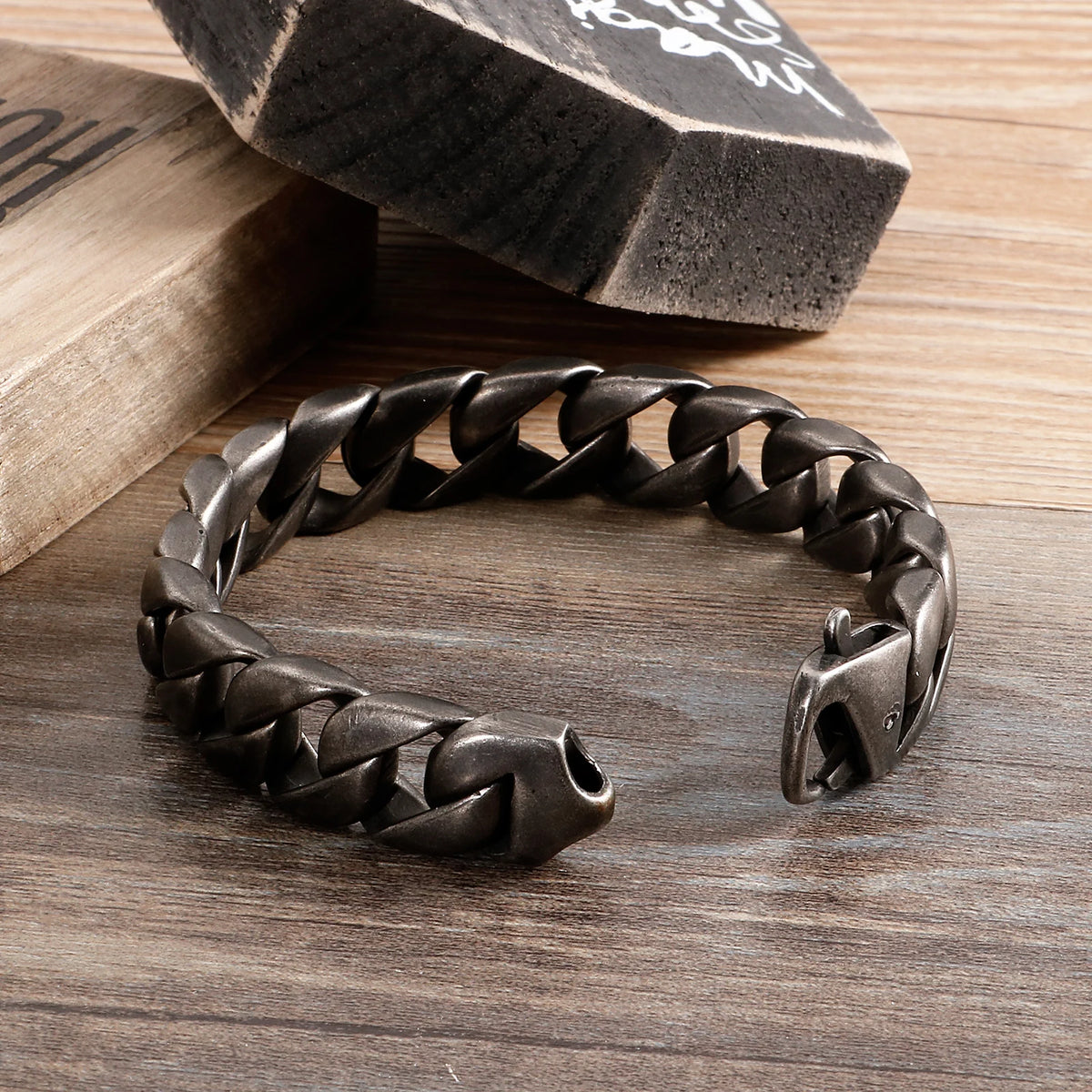 VIKING Mens Classic Cuban Link Chain Bracelet – Oxidized Black Stainless Steel