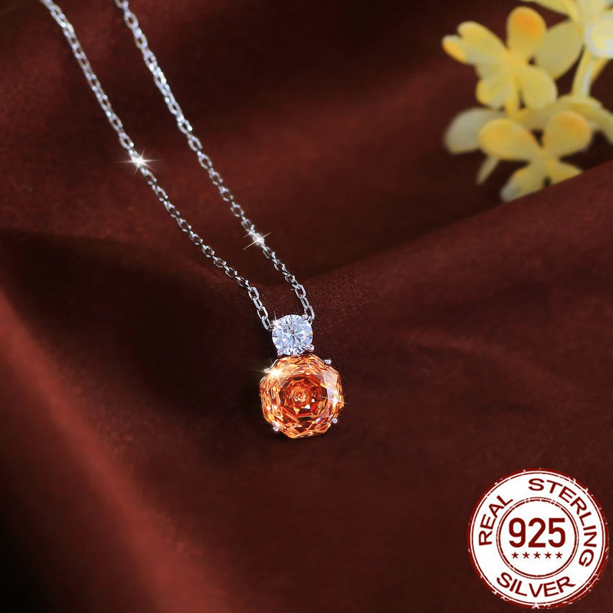S&S 925 Sterling Silver Champagne Rose-Cut CZ Pendant Necklace – Rhodium Plated – Collection