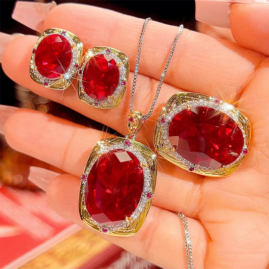 Gemfiori New Fashion Vintage Royal Elegant Jewelry Cushion Cut Purple Gem Halo Pendant Necklace Earrings Ring Luxury Party Gifts for Her