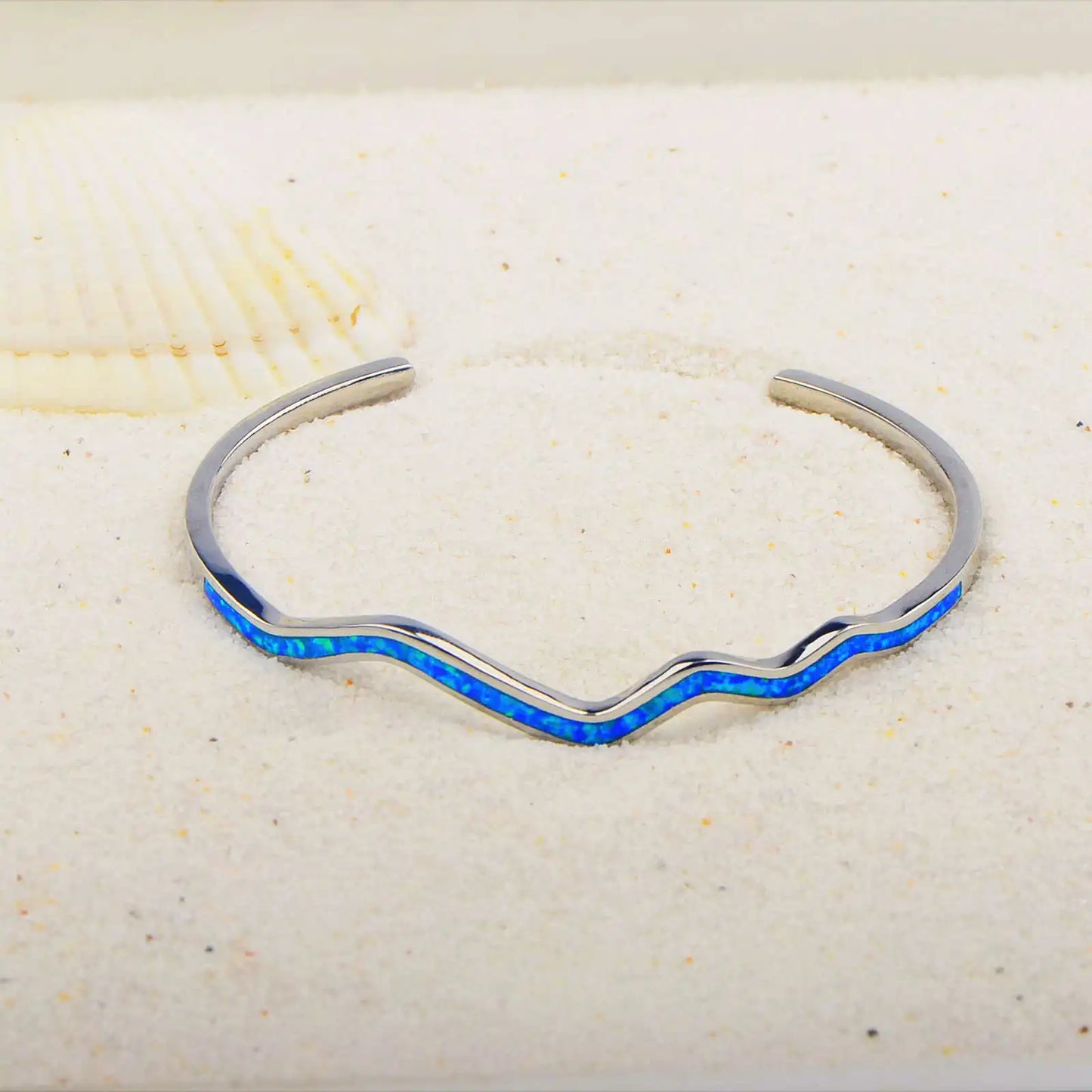 Hawaiian Blue Opal Beaded Bracelet | Trendy Brass Wavy Line Design Fashion Open Cuff Jewelry
