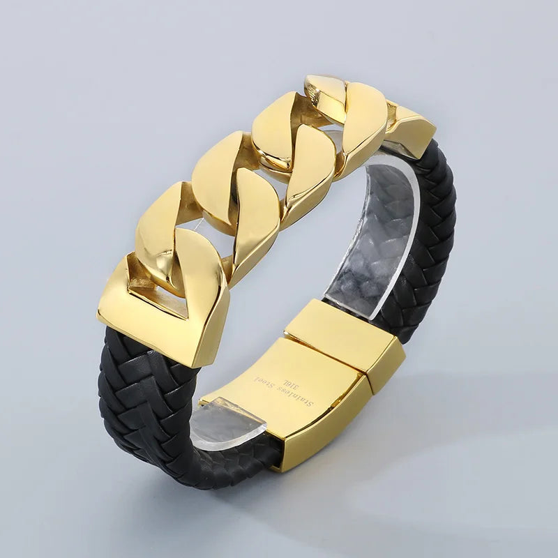 REBEL 240mm Punk Leather&Stainless Steel Cuban Links Bangle Bracelet
